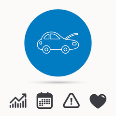 Car repair icon. Mechanic service sign. Calendar, attention sign and growth chart. Button with web icon. Vector