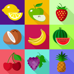 Colourful fruit flat set on color squares