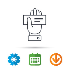 Cheque icon. Giving hand sign. Paying check in palm symbol. Calendar, cogwheel and download arrow signs. Colored flat web icons. Vector