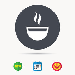 Coffee cup icon. Hot tea drink symbol. Calendar, download arrow and new tag signs. Colored flat web icons. Vector