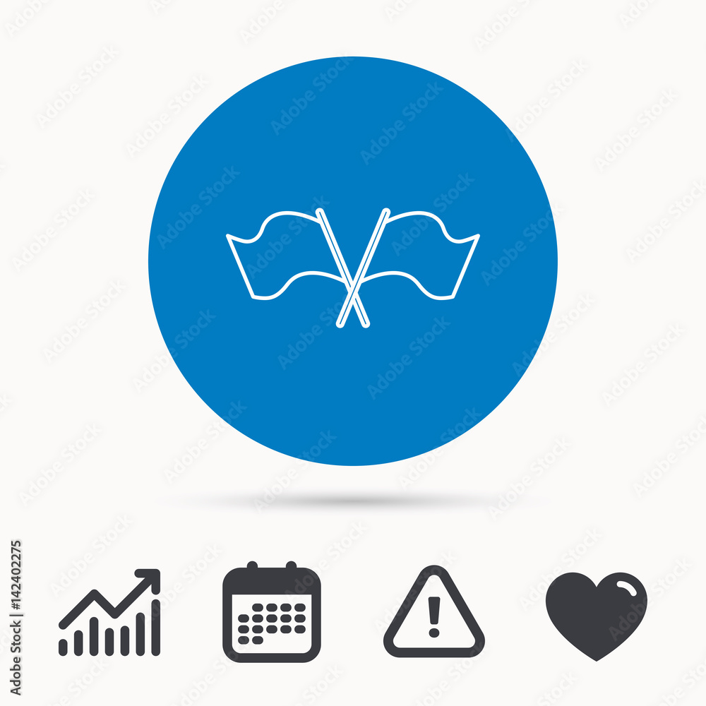 Poster crosswise waving flag icon. location pointer sign. calendar, attention sign and growth chart. button