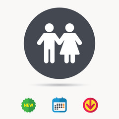 Couple icon. Traditional young family symbol. Calendar, download arrow and new tag signs. Colored flat web icons. Vector