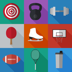 Set of simple sport equipment  flat icons on color squares - 142402237