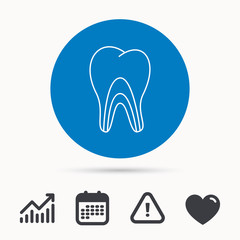 Dentinal tubules icon. Tooth medicine sign. Calendar, attention sign and growth chart. Button with web icon. Vector