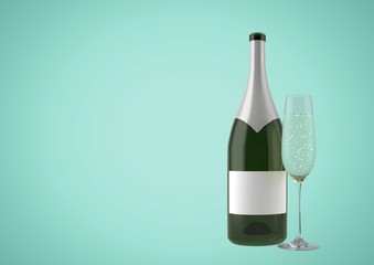 3D Bottle of wine with champagne glass against green background