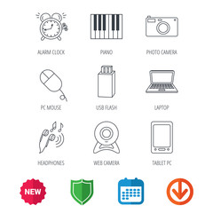 Photo camera, USB flash and notebook laptop icons. PC mouse, alarm clock and web camera linear signs. Tablet PC and music headphones icons. New tag, shield and calendar web icons. Download arrow