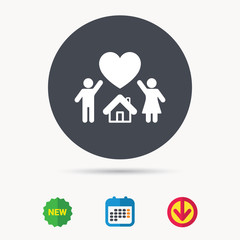 Family icon. Father, mother and child symbol. Calendar, download arrow and new tag signs. Colored flat web icons. Vector