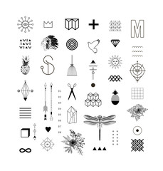 Set of different elements and shapes.Trendy hipster symbols and logotypes. Ethnic aztec patterns. Geometric, alchemy, decor items. Vector. 