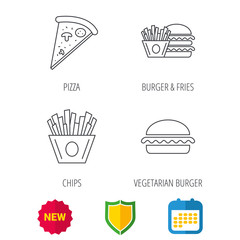 Burger, pizza and chips fries icons. Fast food linear signs. Shield protection, calendar and new tag web icons. Vector
