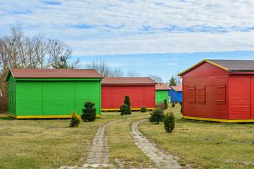 Fototapeta na wymiar Characteristic colorful summer houses located in Karwia village near the beach of Baltic Sea in Poland.