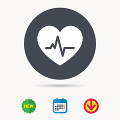 Heartbeat icon. Cardiology symbol. Medical pressure sign. Calendar, download arrow and new tag signs. Colored flat web icons. Vector