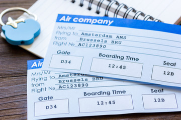 flight tickets payment online with cards on wooden table