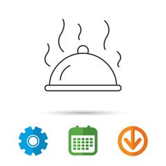 Restaurant cloche platter icon. Hot food sign. Calendar, cogwheel and download arrow signs. Colored flat web icons. Vector