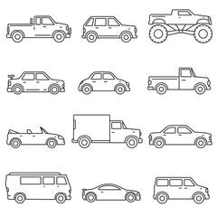 Cars, icons set. Means of transport, thin line design. Different types of car, isolated vector illustration