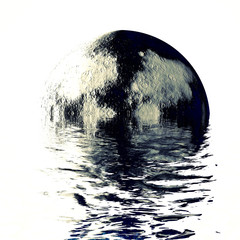 super moon abstraction, planet or moon with water reflection on white background 