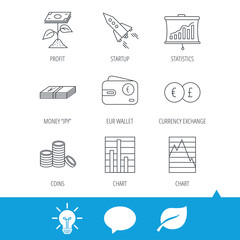 Profit investment, cash money and startup rocket icons. Wallet, currency exchange and euro linear signs. Chart, coins and statistics icons. Light bulb, speech bubble and leaf web icons. Vector