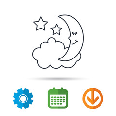 Night or sleep icon. Moon and stars sign. Crescent astronomy symbol. Calendar, cogwheel and download arrow signs. Colored flat web icons. Vector