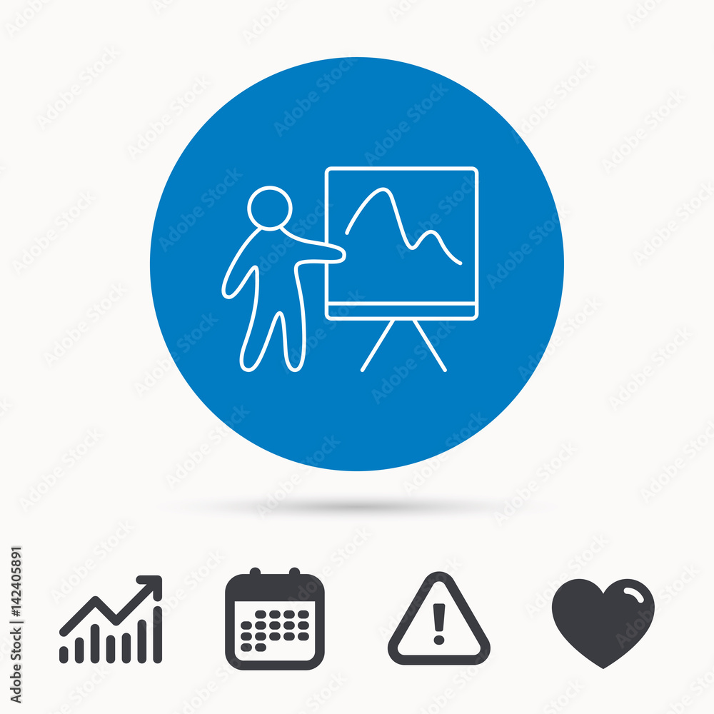 Poster presentation icon. statistics chart sign. calendar, attention sign and growth chart. button with web