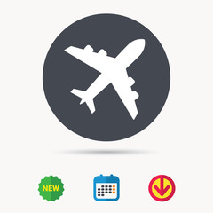 Obraz premium Plane icon. Flight transport symbol. Calendar, download arrow and new tag signs. Colored flat web icons. Vector