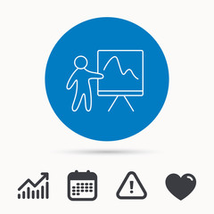 Presentation icon. Statistics chart sign. Calendar, attention sign and growth chart. Button with web icon. Vector