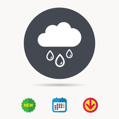 Cloud with rain drops icon. Rainy day symbol. Calendar, download arrow and new tag signs. Colored flat web icons. Vector