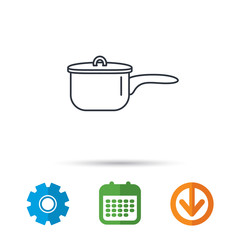 Saucepan icon. Cooking pot or pan sign. Calendar, cogwheel and download arrow signs. Colored flat web icons. Vector
