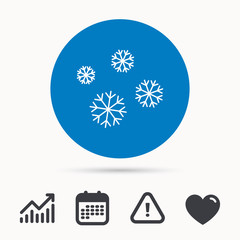 Snowflakes icon. Snow sign. Air conditioning symbol. Calendar, attention sign and growth chart. Button with web icon. Vector