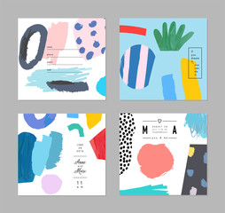 Set of artistic creative universal cards. Hand Drawn textures. Design for poster, card, invitation, header, cover, placard, brochure, flyer.
