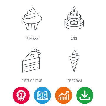 Cake, cupcake and ice cream icons. Piece of cake linear sign. Award medal, growth chart and opened book web icons. Download arrow. Vector