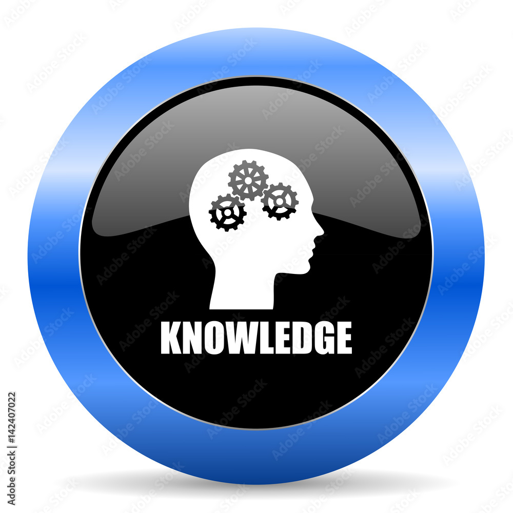 Poster knowledge black and blue web design round internet icon with shadow on white background.