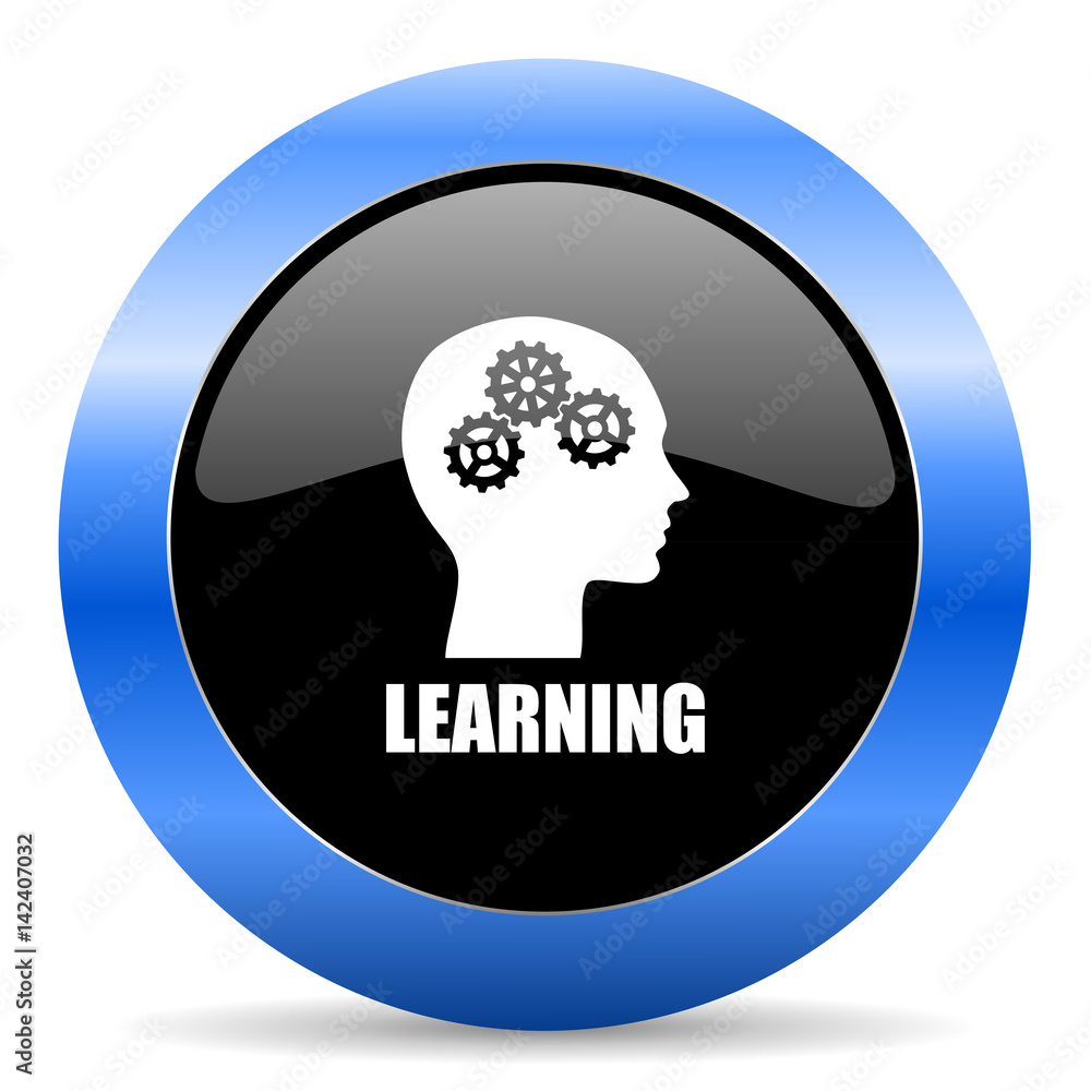 Poster learning black and blue web design round internet icon with shadow on white background.