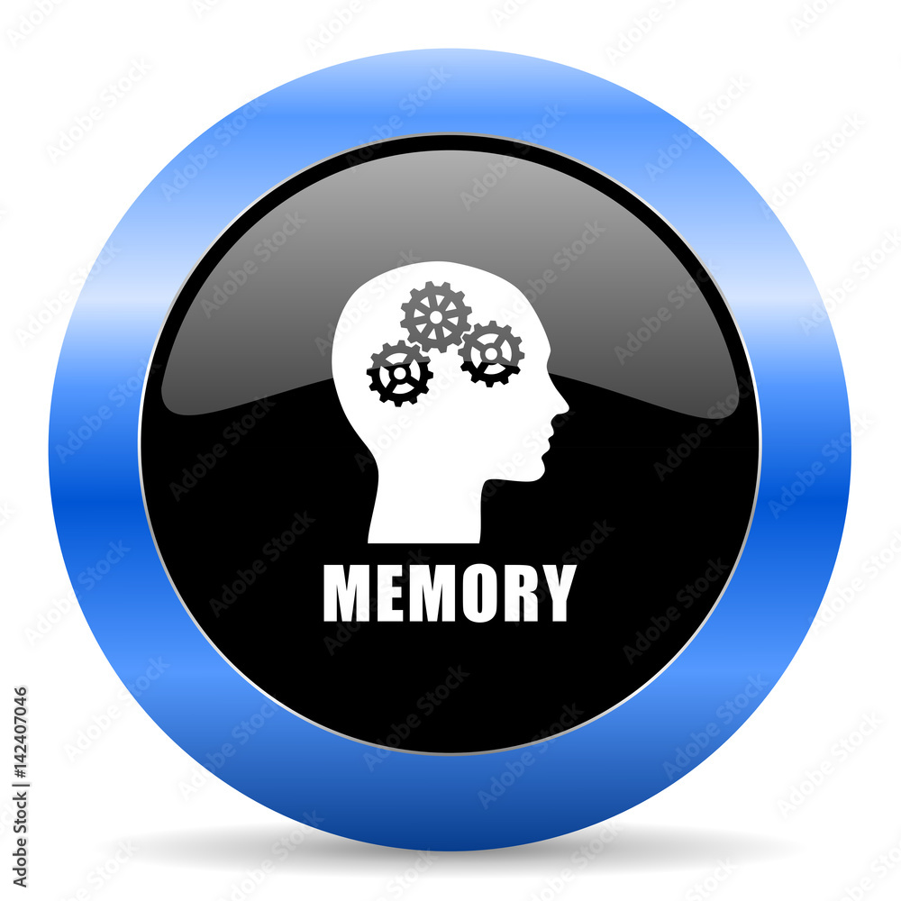 Poster memory black and blue web design round internet icon with shadow on white background.