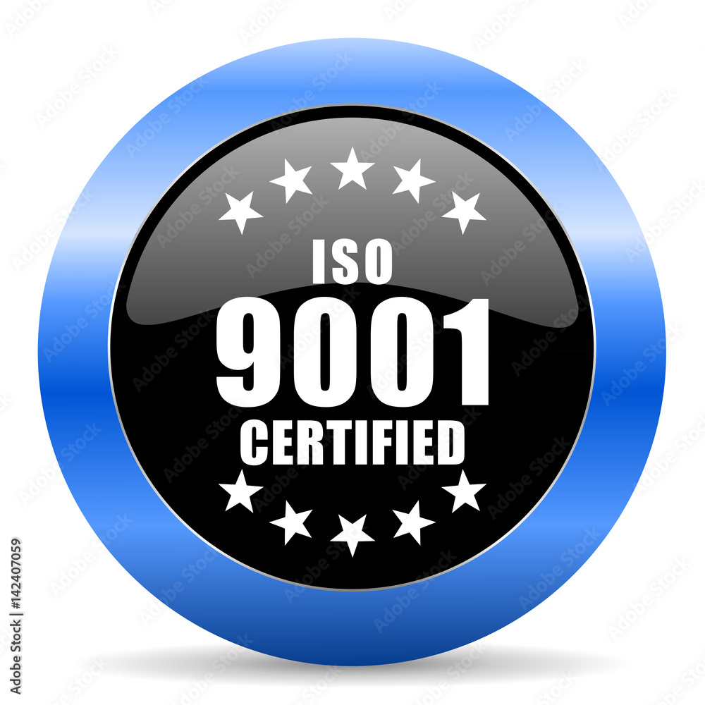 Poster iso 9001 black and blue web design round internet icon with shadow on white background.