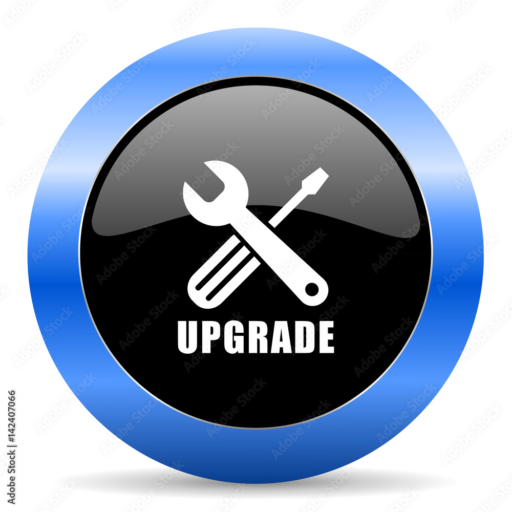 Aufkleber upgrade black and blue web design round internet icon with shadow on white background.