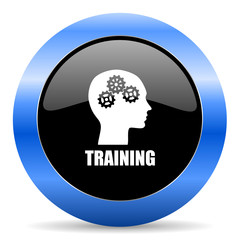 Training black and blue web design round internet icon with shadow on white background.