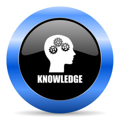 Knowledge black and blue web design round internet icon with shadow on white background.
