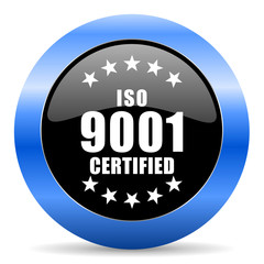 Iso 9001 black and blue web design round internet icon with shadow on white background.