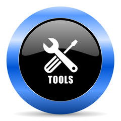 Tools black and blue web design round internet icon with shadow on white background.
