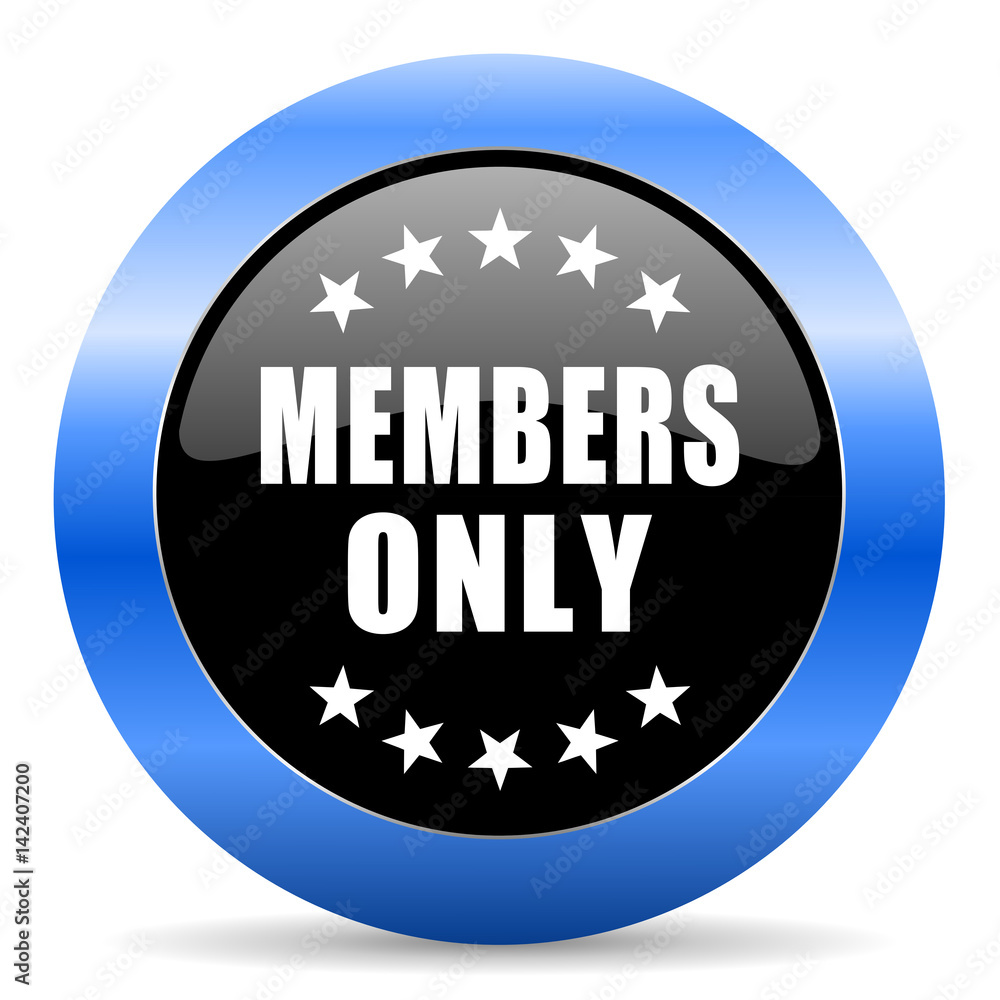 Aufkleber members only black and blue web design round internet icon with shadow on white background.