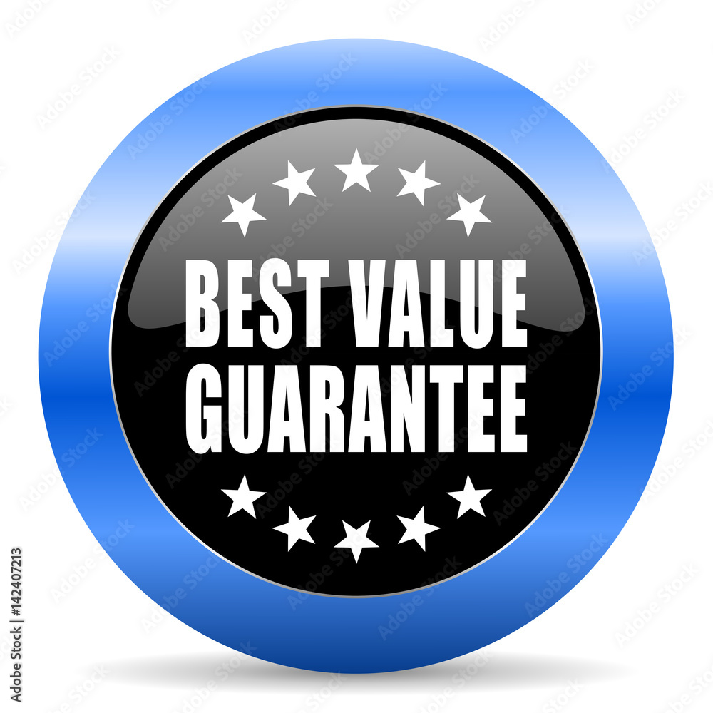 Poster best value guarantee black and blue web design round internet icon with shadow on white background.