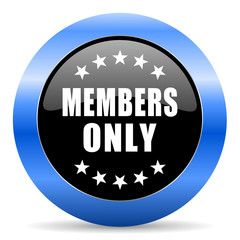 Members only black and blue web design round internet icon with shadow on white background.