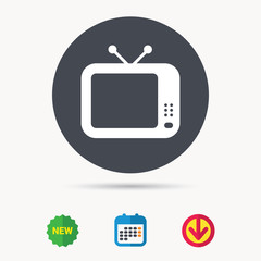 TV icon. Retro television symbol. Calendar, download arrow and new tag signs. Colored flat web icons. Vector