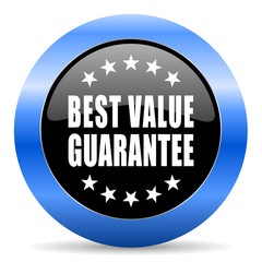 Best value guarantee black and blue web design round internet icon with shadow on white background.