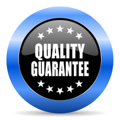 Quality guarantee black and blue web design round internet icon with shadow on white background.