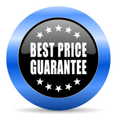 Best price guarantee black and blue web design round internet icon with shadow on white background.