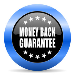 Money back guarantee black and blue web design round internet icon with shadow on white background.