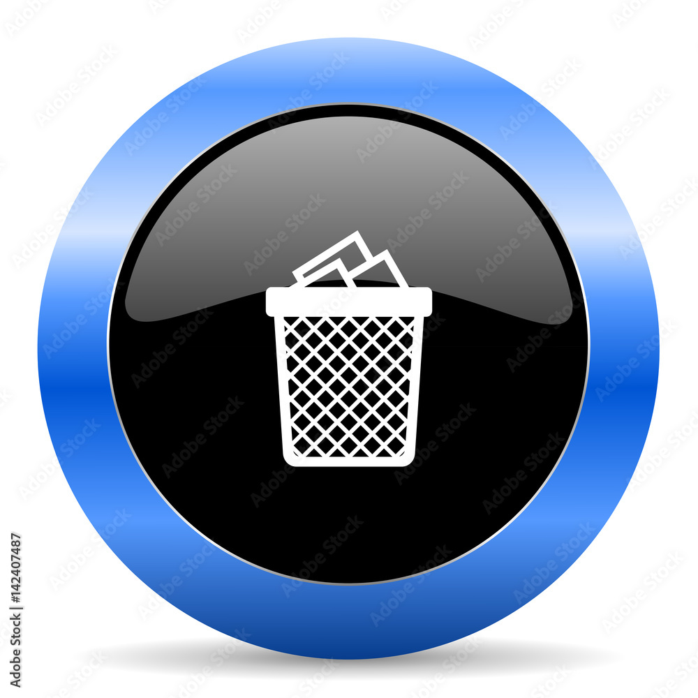 Poster trash can black and blue web design round internet icon with shadow on white background.