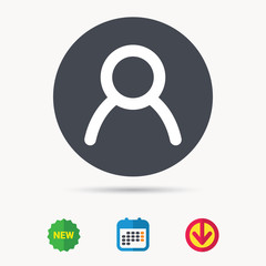 User icon. Human person symbol. Avatar login sign. Calendar, download arrow and new tag signs. Colored flat web icons. Vector