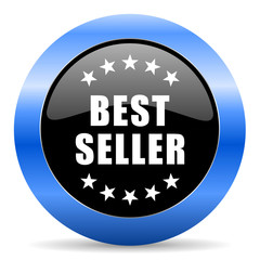 Best seller black and blue web design round internet icon with shadow on white background.
