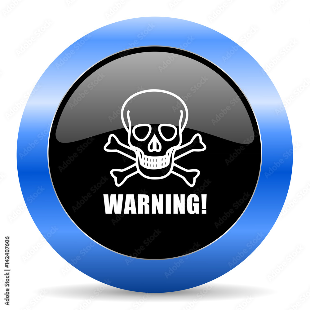 Aufkleber warning skull black and blue web design round internet icon with shadow on white background.